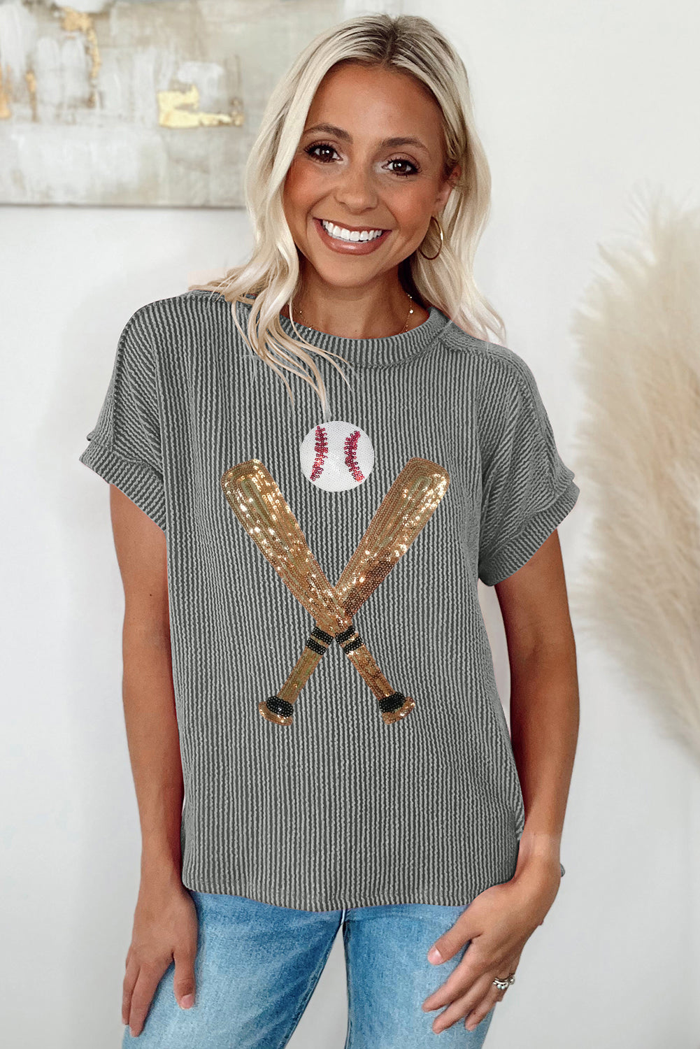 Medium Grey Sequin Baseball Pattern Corded Crewneck T Shirt