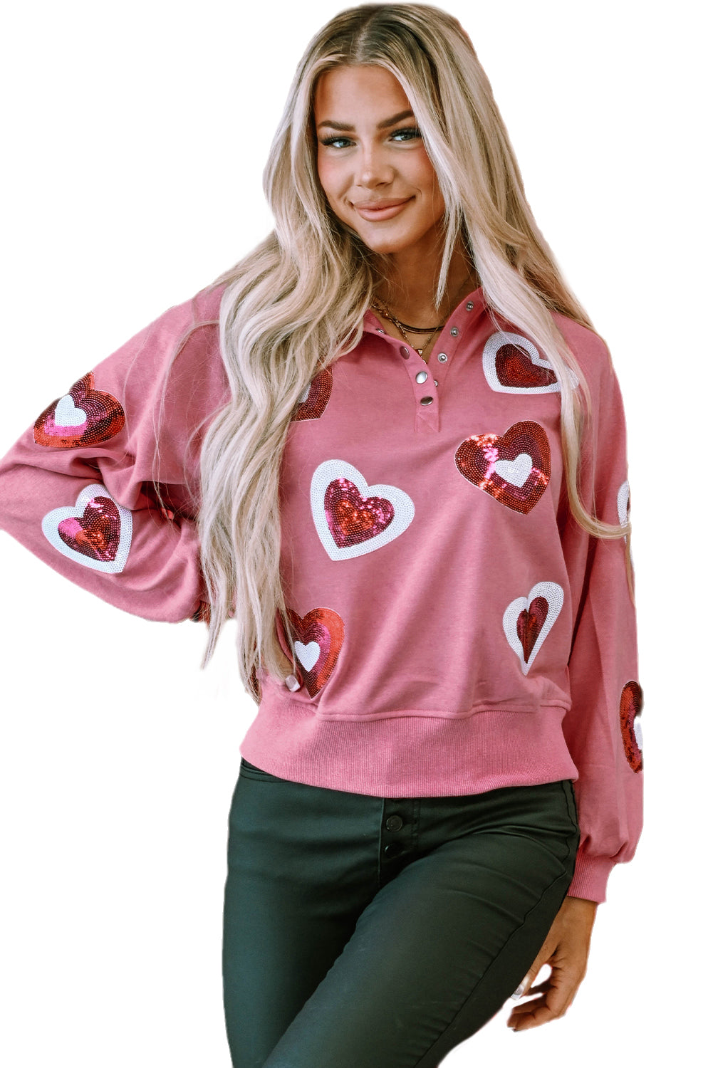 Pink Mineral Wash Sequin Heart Snap Buttons Collared Sweatshirt