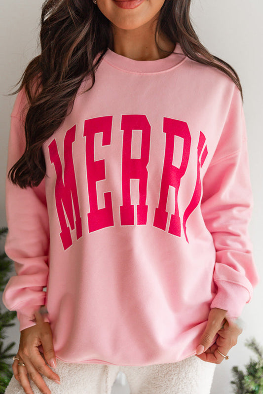 Pink MERRY Alphabet Print Loose Fit Christmas Sweatshirt