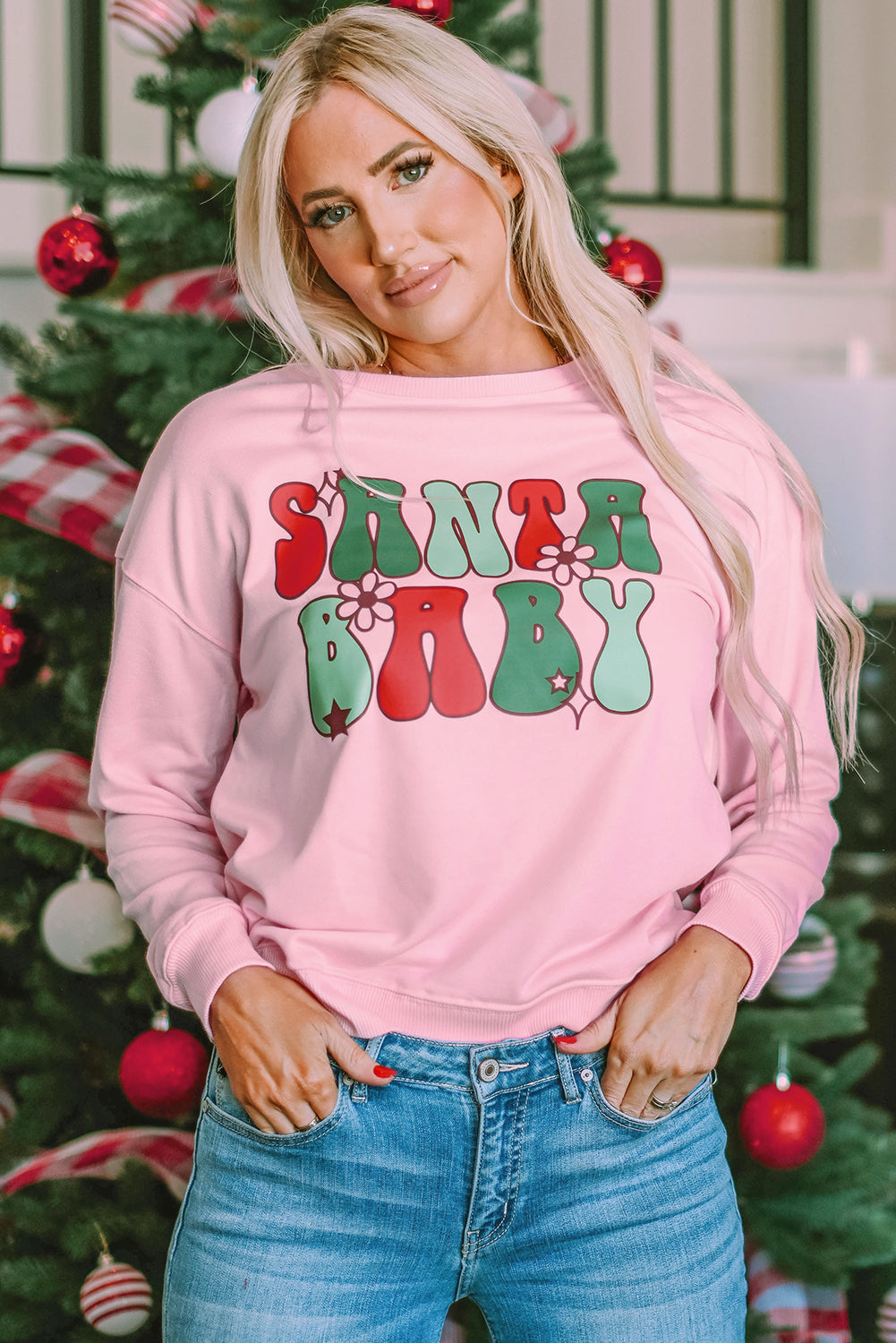 Pink SANTA BABY Sweet Floral Graphic Sweatshirt