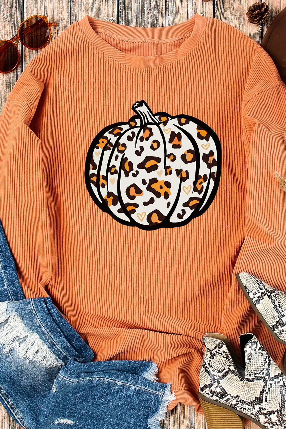 Orange Leopard Pumpkin Graphic Corded Sweatshirt