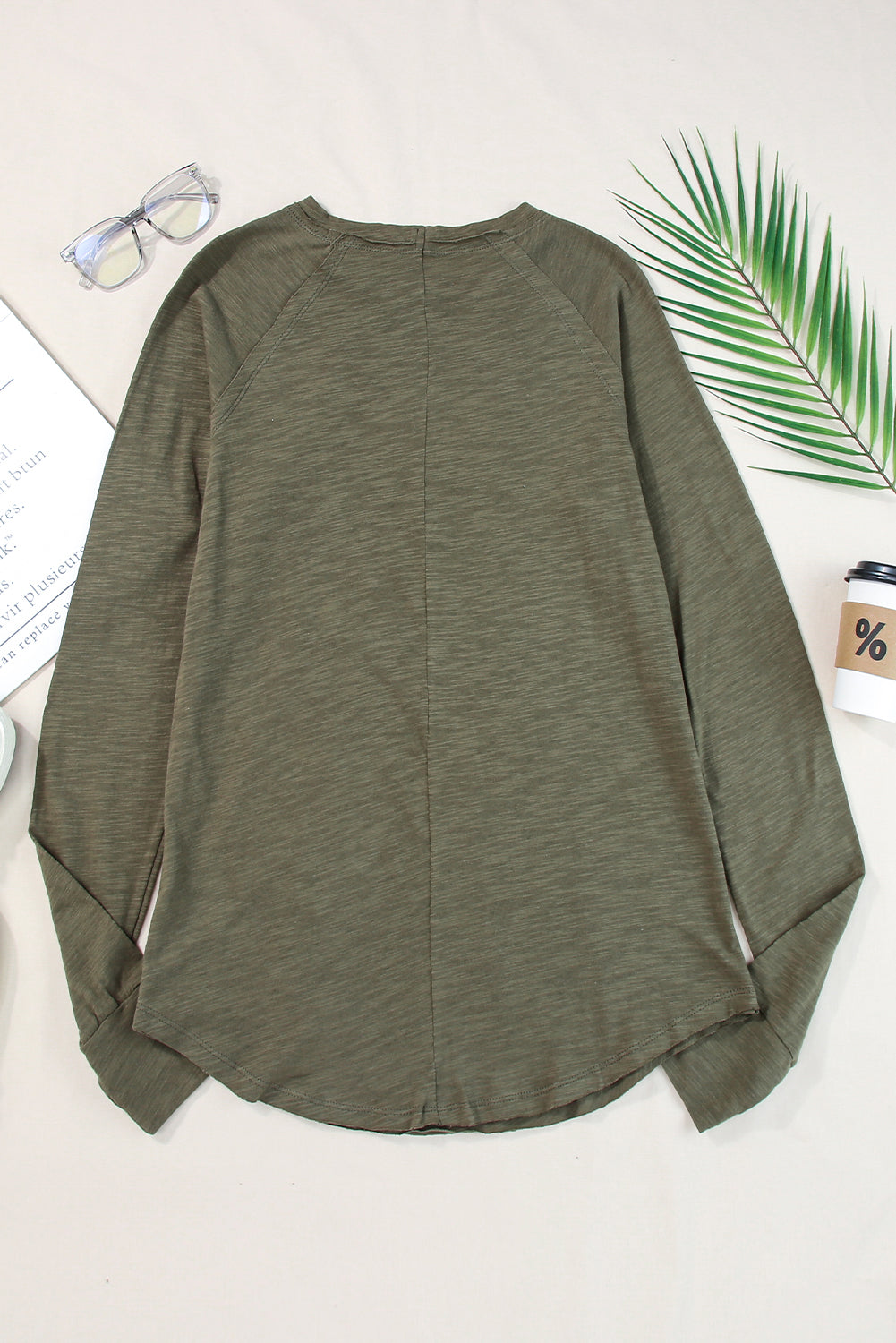 Green Solid Crew Neck Long Sleeve Top