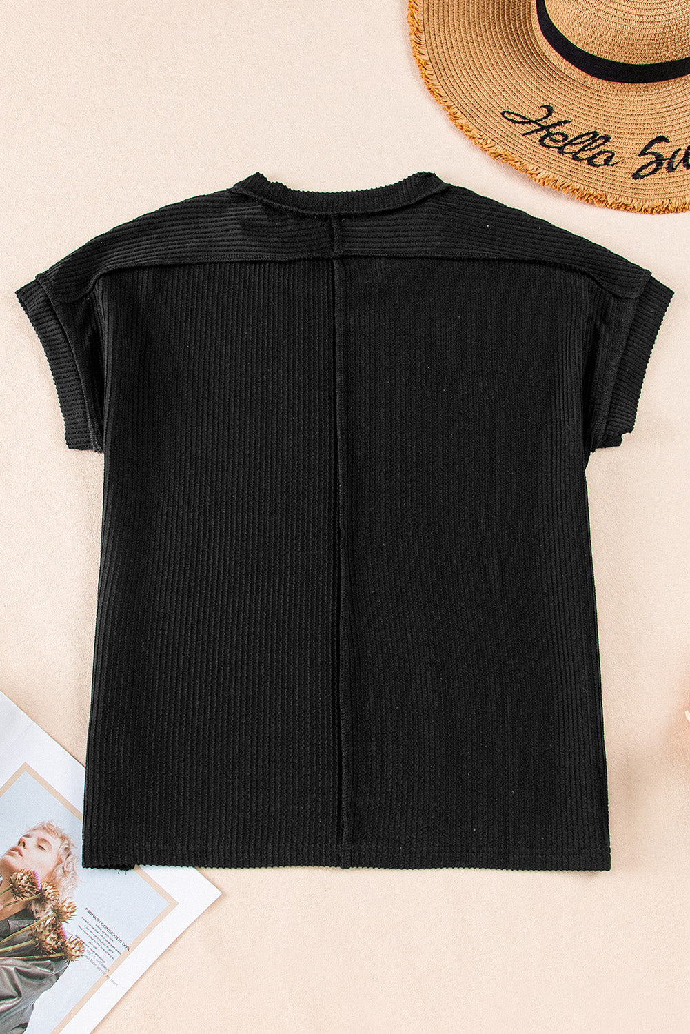 Black Textured Knit Exposed Stitching T-shirt