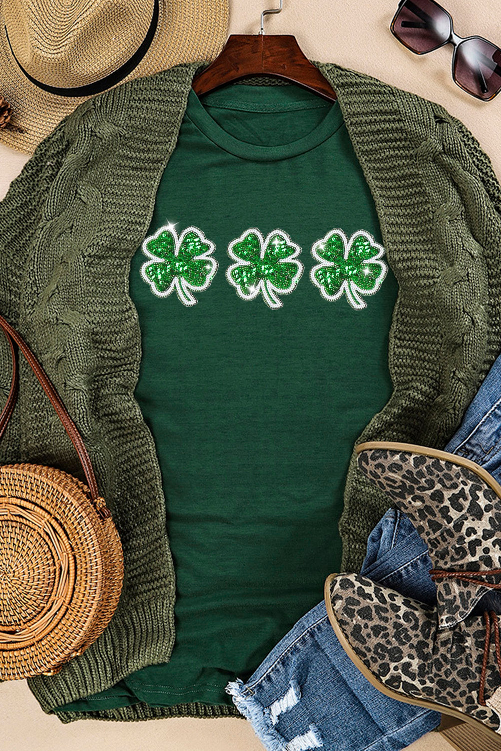 Green St Patrick Clover Patch Sequin Graphic T-shirt