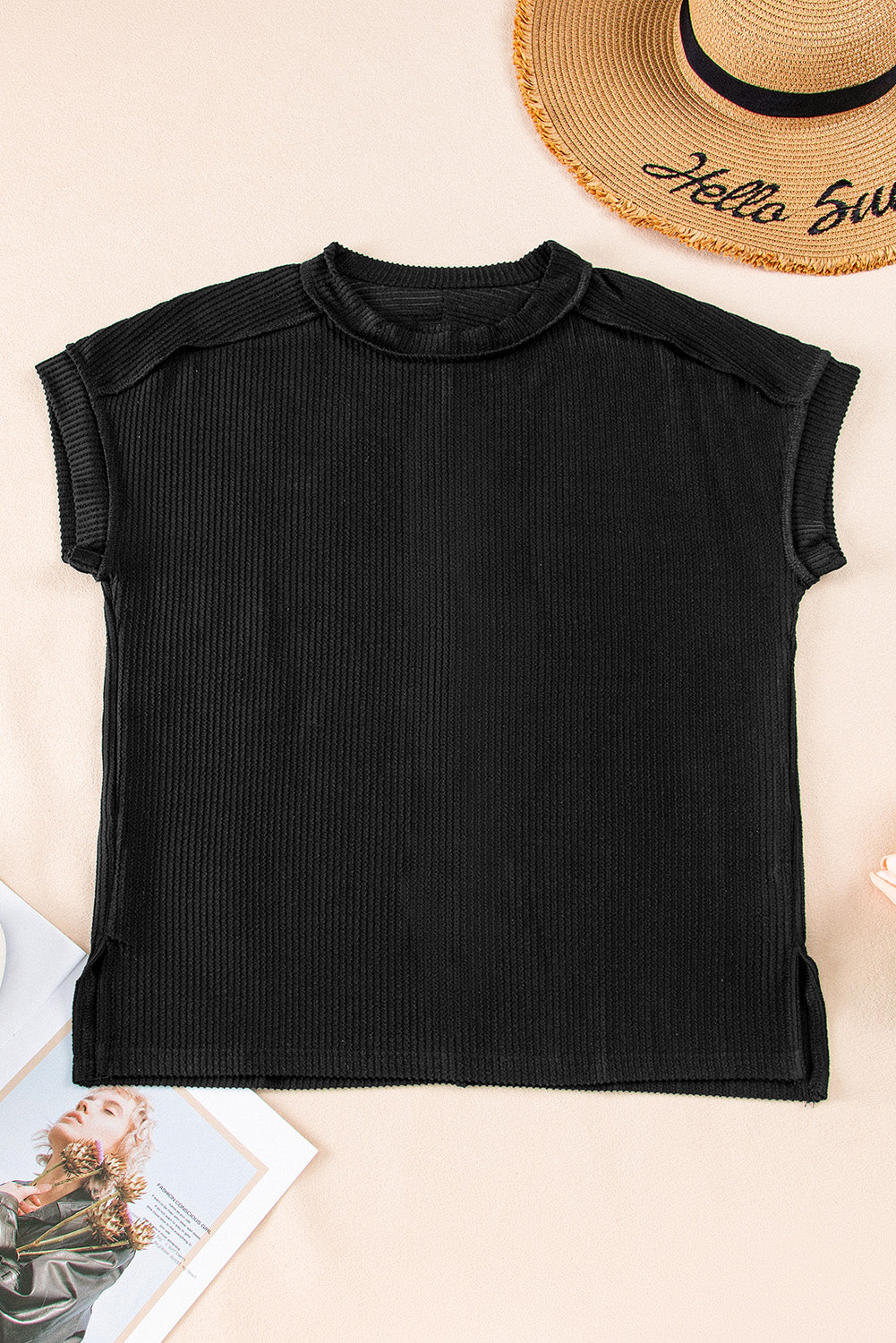 Black Textured Knit Exposed Stitching T-shirt