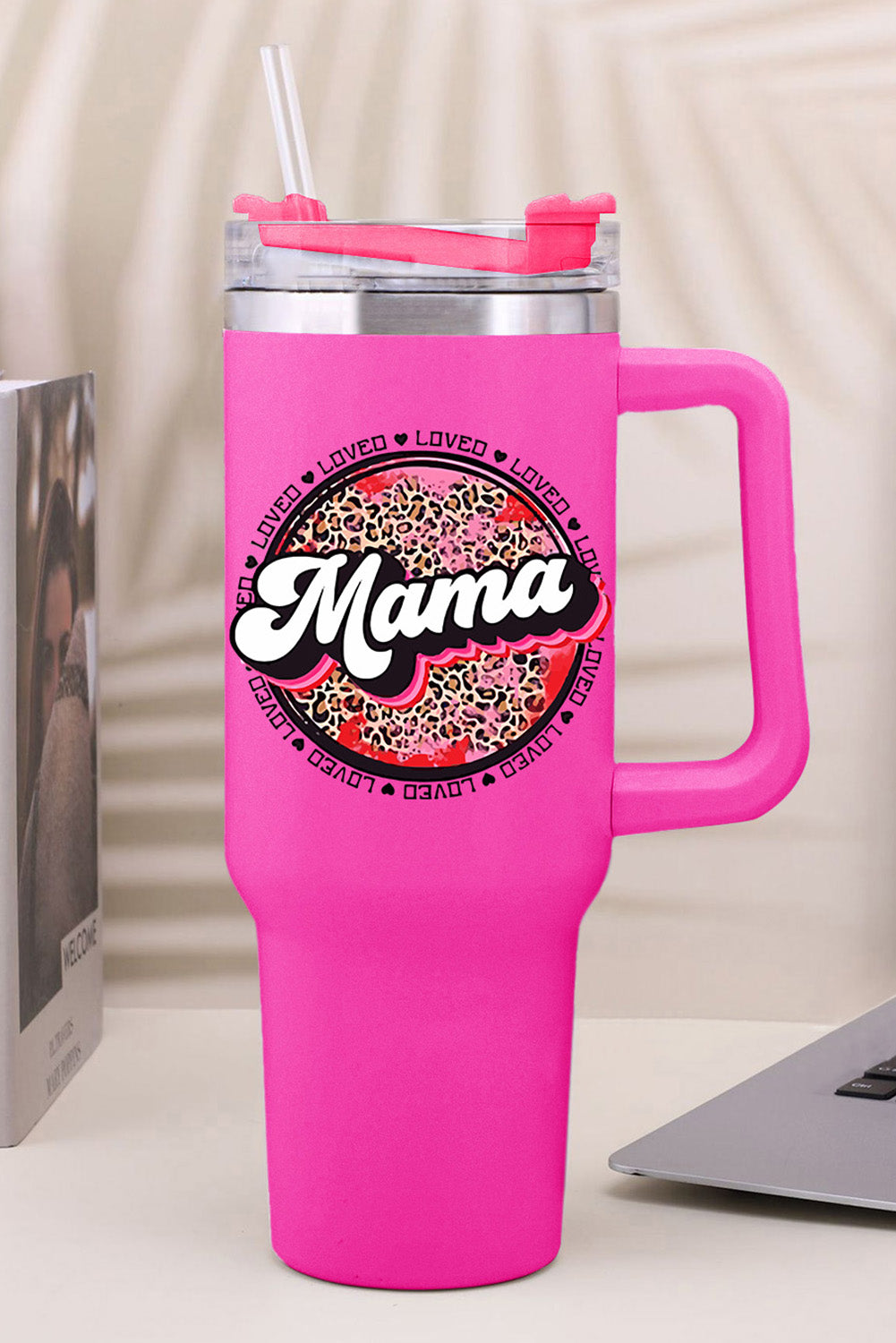 Rose Mama Leopard Print Stainless Steel Insulate Cup with Handle 40oz