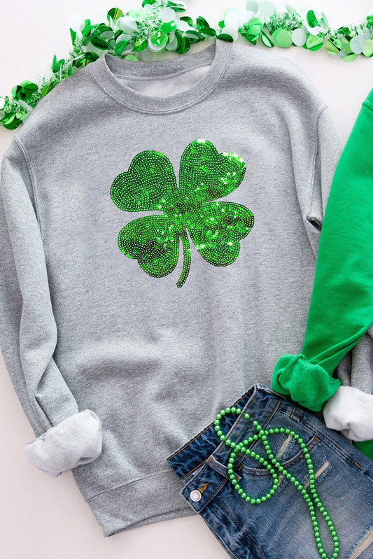 Gray Sequined Clover Patch St Patrick Fashion Sweatshirt