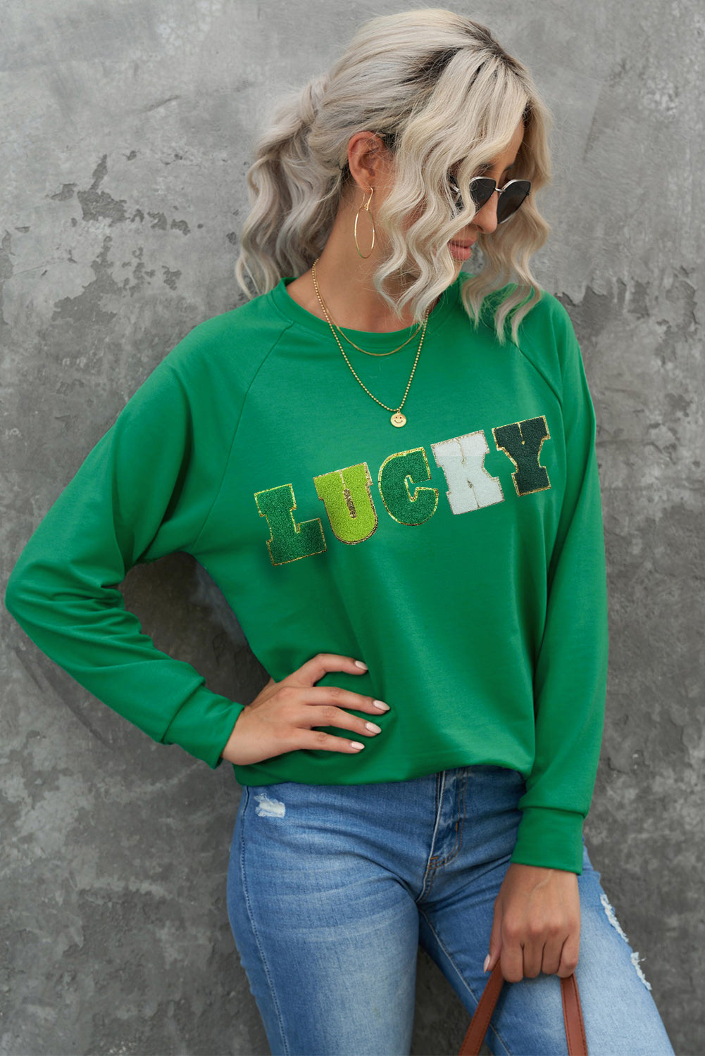 Green St Patricks LUCKY Chenille Embroidered Graphic Sweatshirt