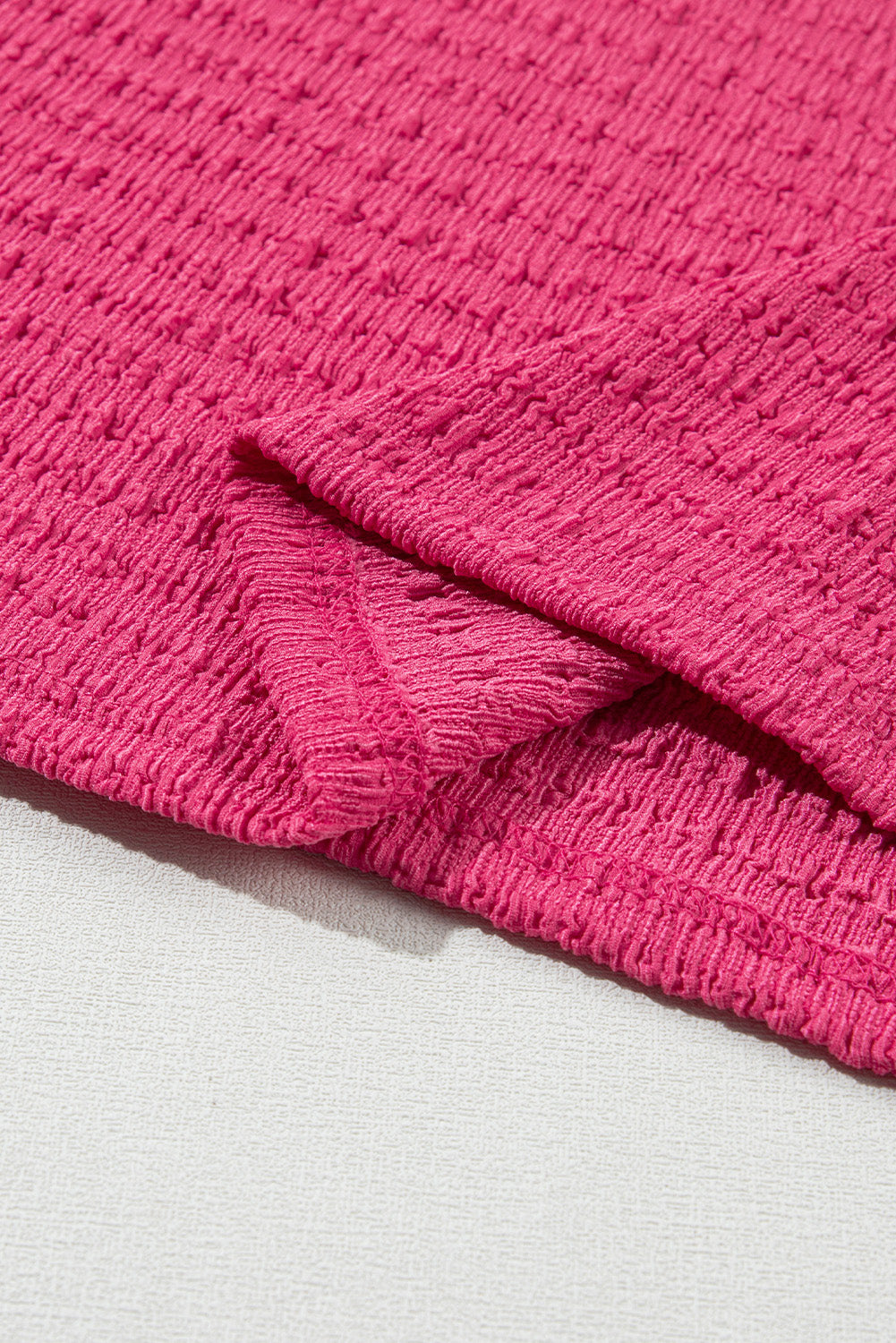 Bright Pink Textured Rolled Sleeve V Neck Tee