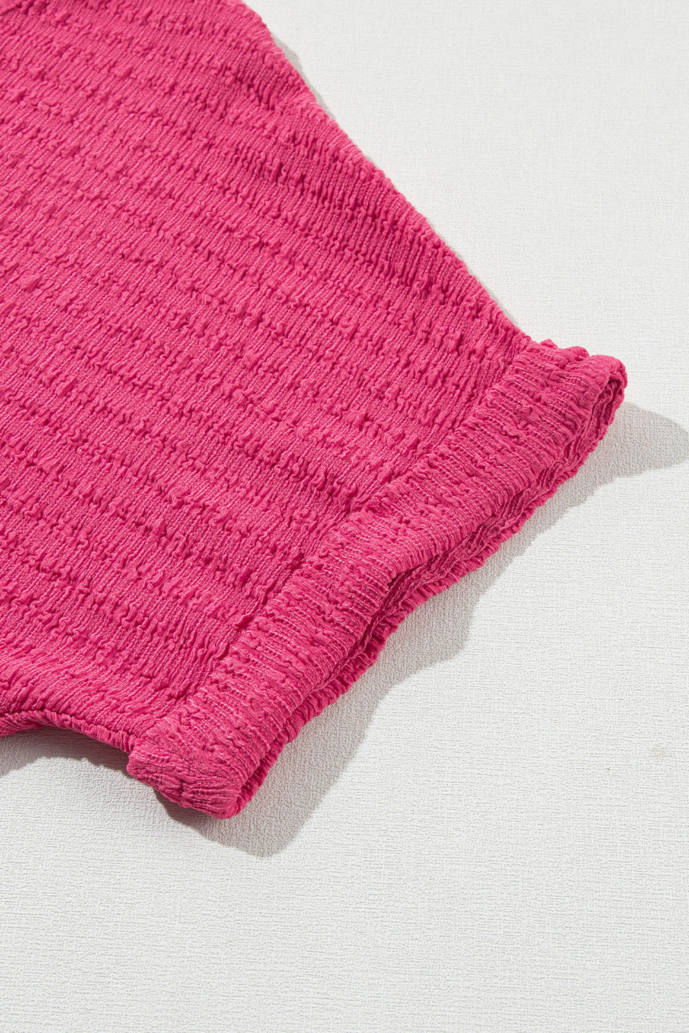 Bright Pink Textured Rolled Sleeve V Neck Tee