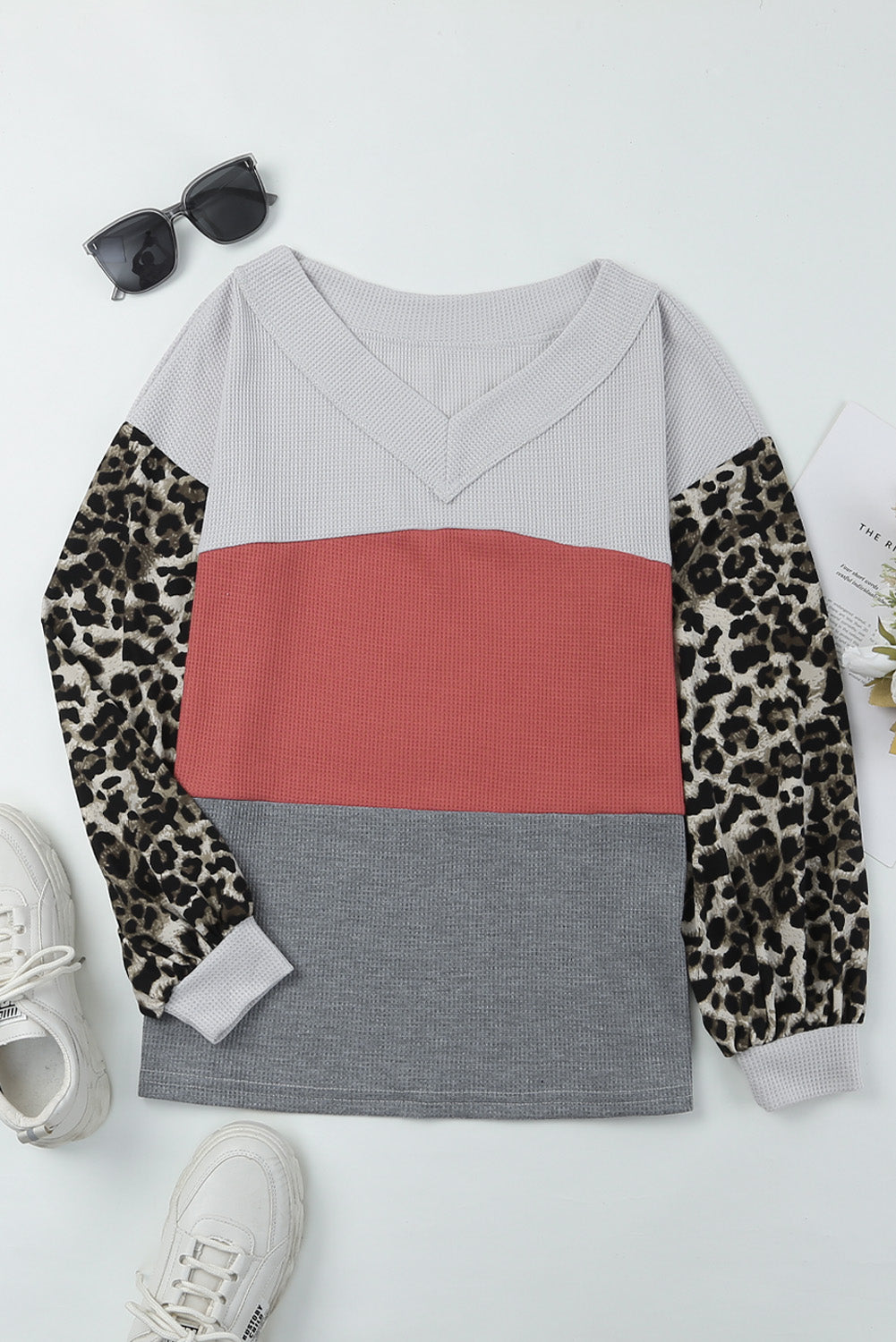 Fiery Red Wild Leopard Contrast Sleeve Colorblock Waffle Knit Top
