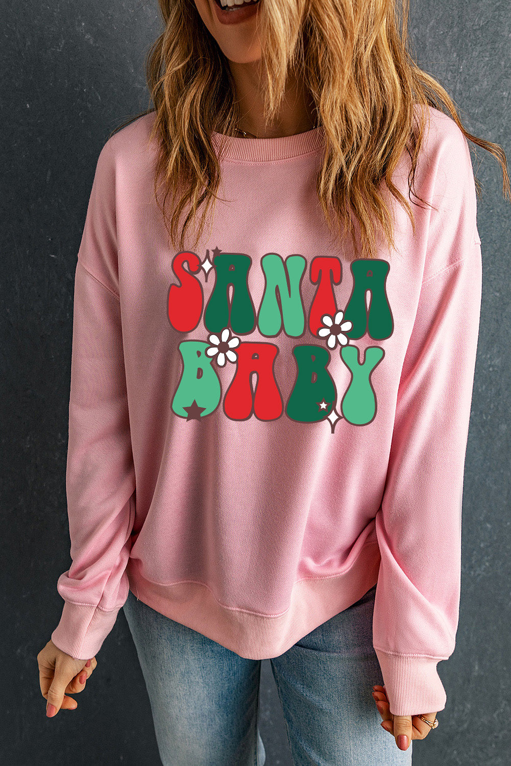 Pink SANTA BABY Sweet Floral Graphic Sweatshirt