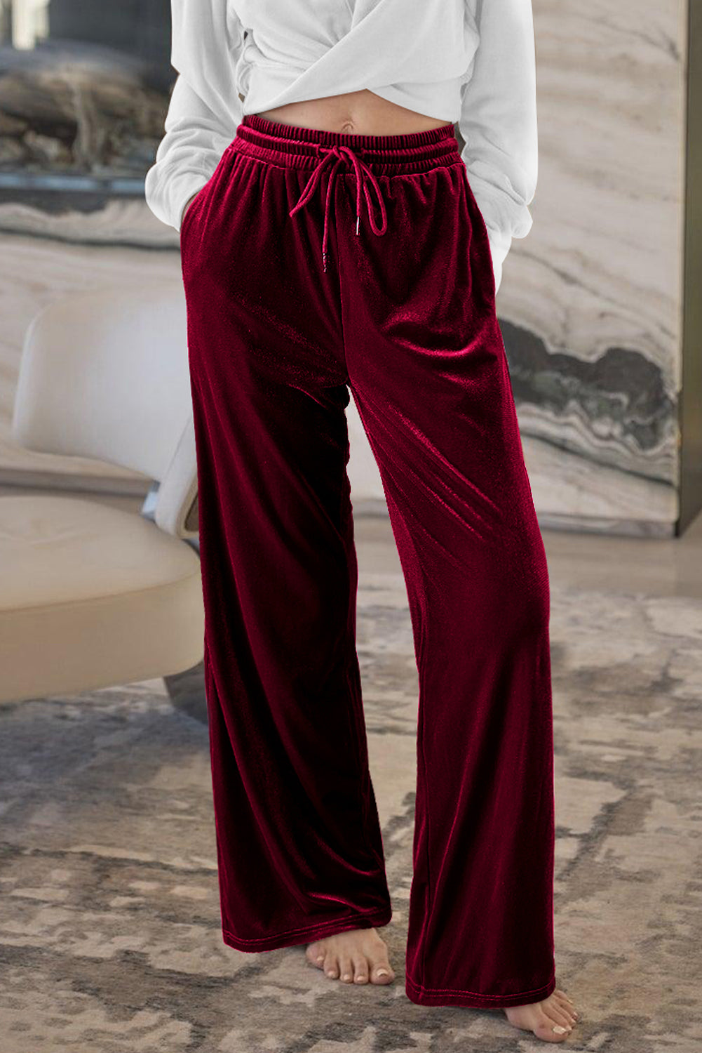 Burgundy Solid Drawstring Waist Wide Leg Pants