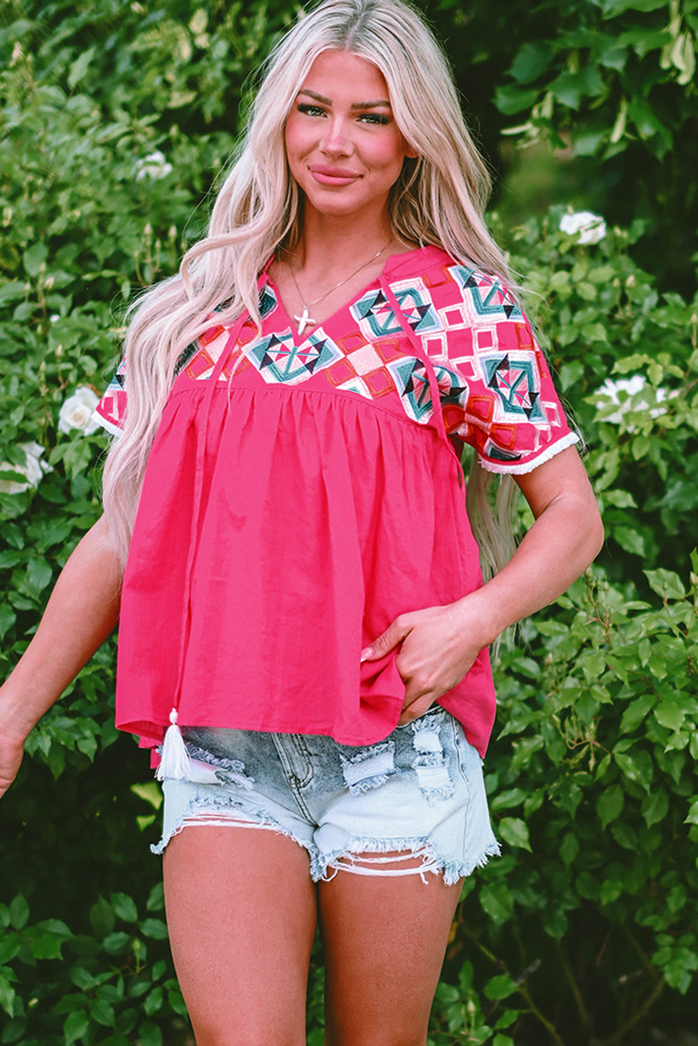 Strawberry Pink Geometric Embroidered Tassel Tie V Neck Blouse