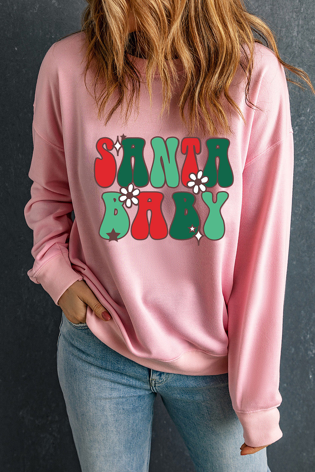 Pink SANTA BABY Sweet Floral Graphic Sweatshirt