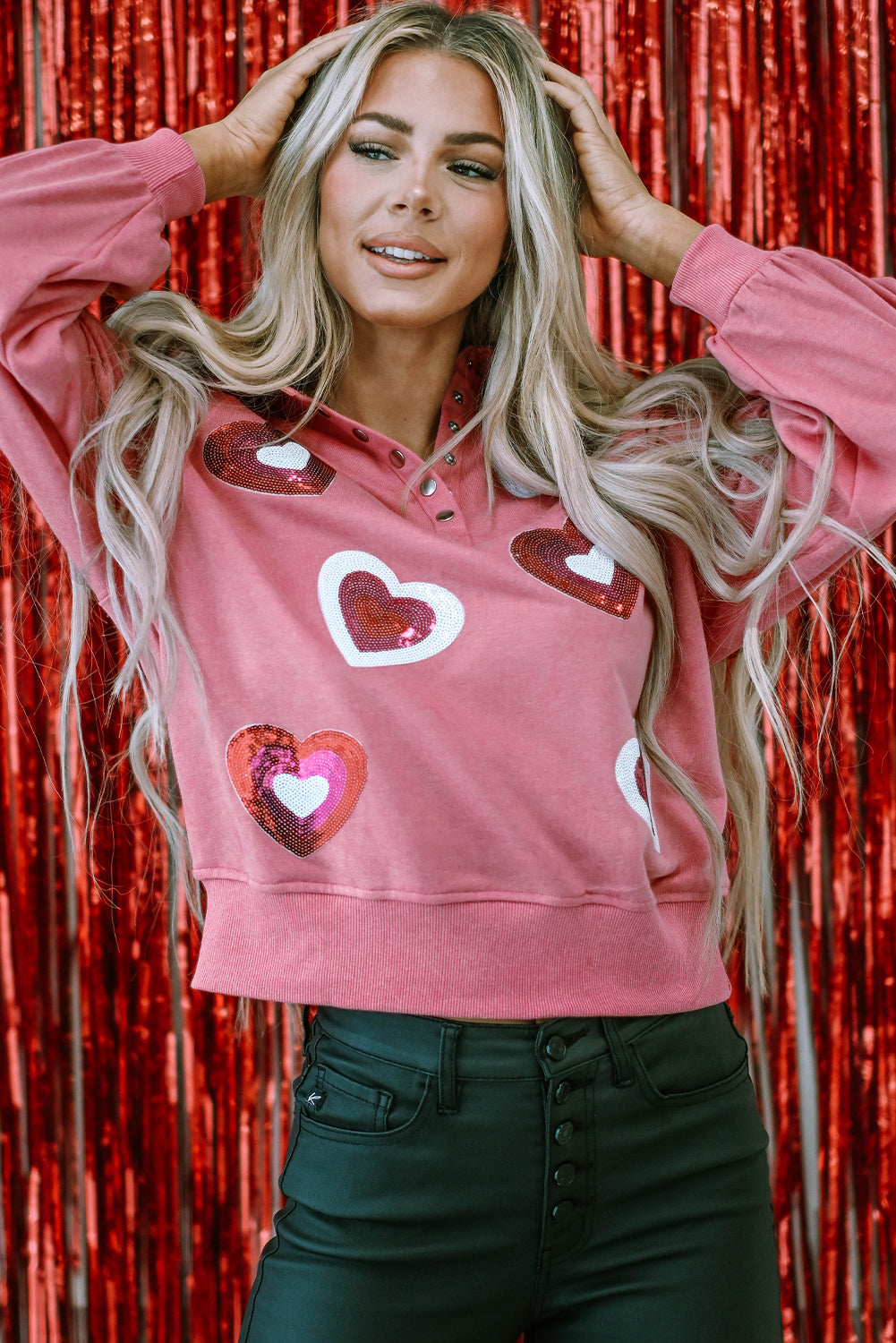 Pink Mineral Wash Sequin Heart Snap Buttons Collared Sweatshirt