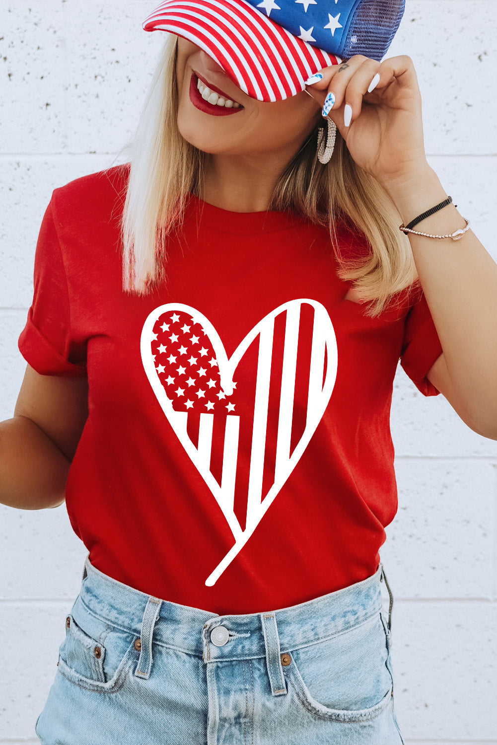 Red USA Flag Heart Shape Crewneck Graphic T Shirt