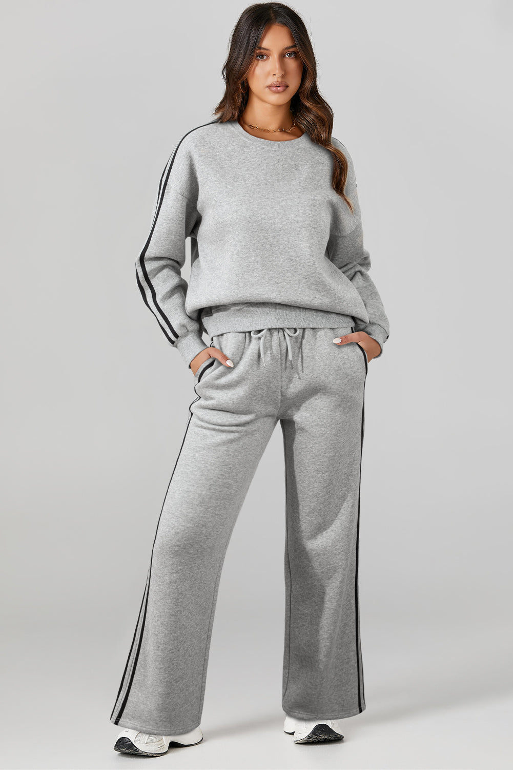 Light Grey Solid Color Side Striped Sweatshirt Active Set