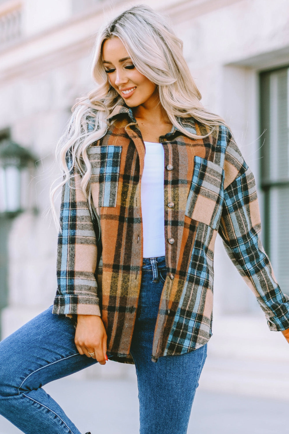 Brown Plaid Color Block Buttoned Shirt with Pockets