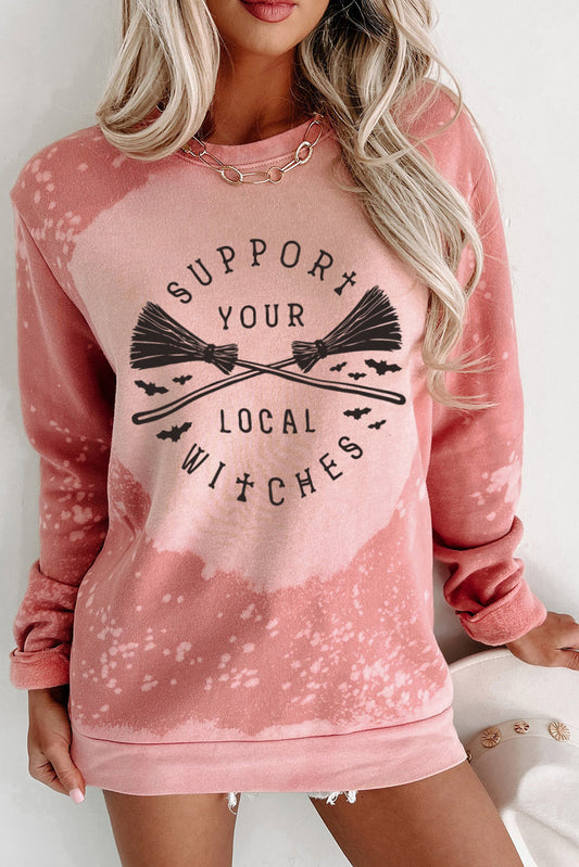 Pink Halloween Pattern Bleached Crewneck Sweatshirt