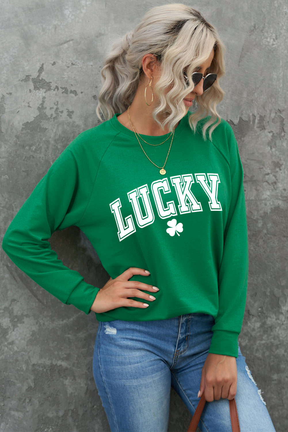 Green St. Patricks LUCKY Clover Print Raglan Sleeve Sweatshirt