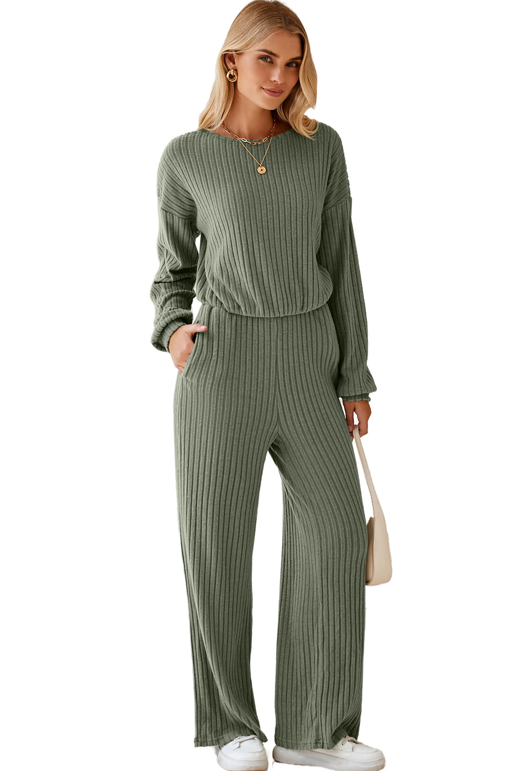 Laurel Green Solid Ribbed Knit Keyhole Back High Waist Jumpsuit