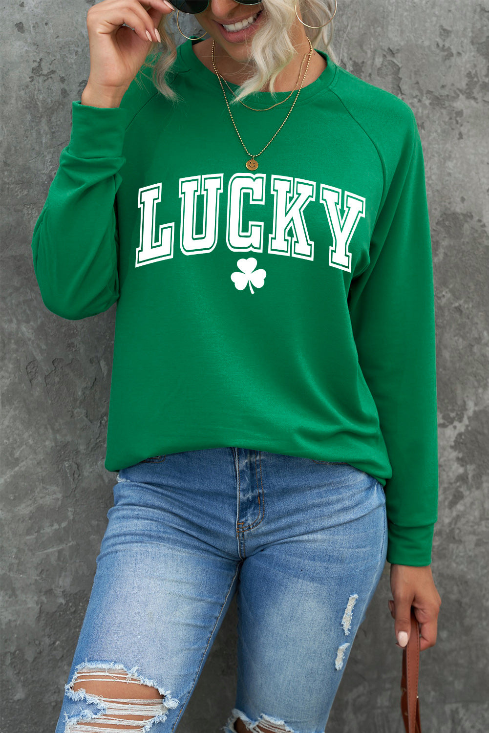 Green St. Patricks LUCKY Clover Print Raglan Sleeve Sweatshirt