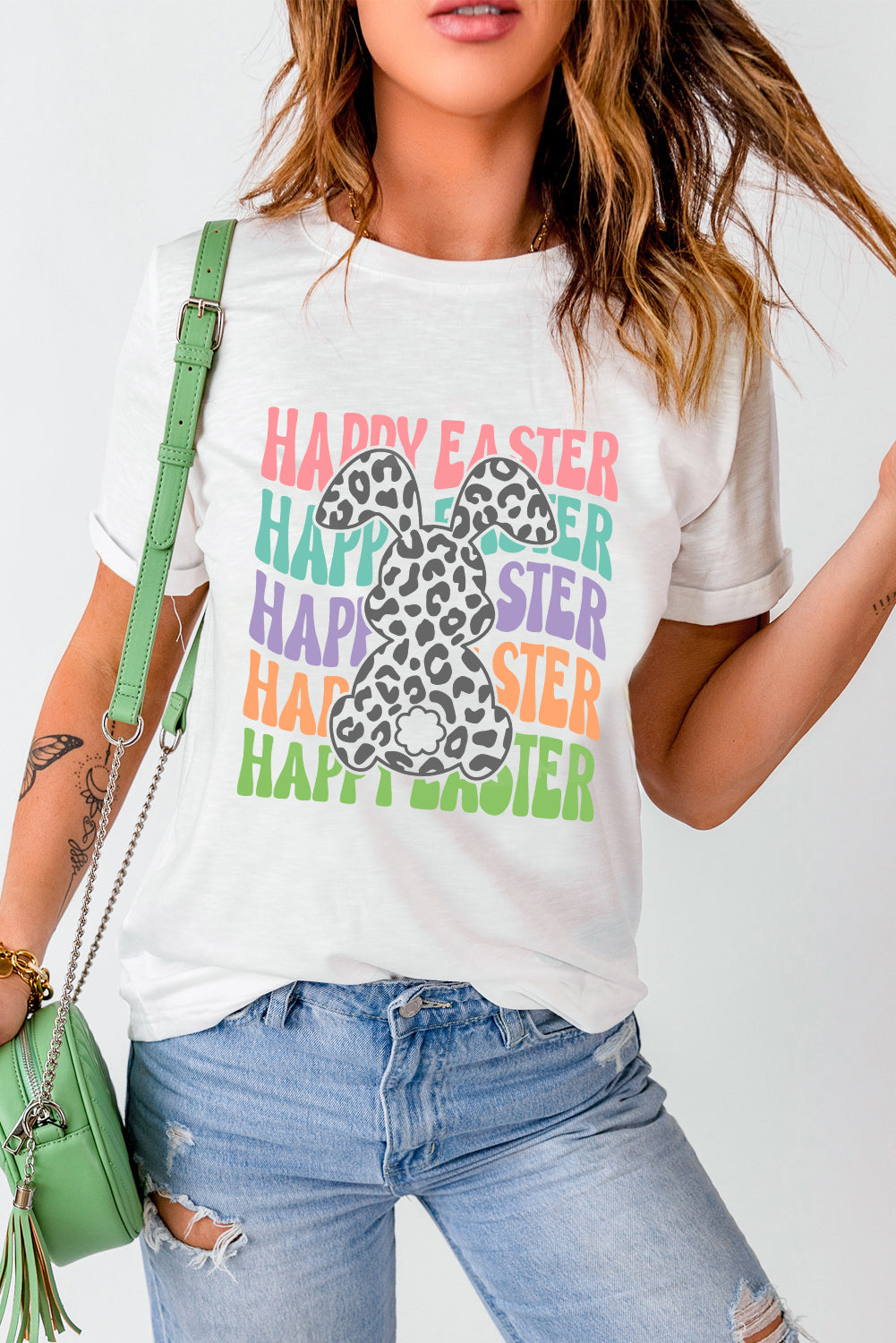 White Happy Easter Rabbit Print Crew Neck T Shirt