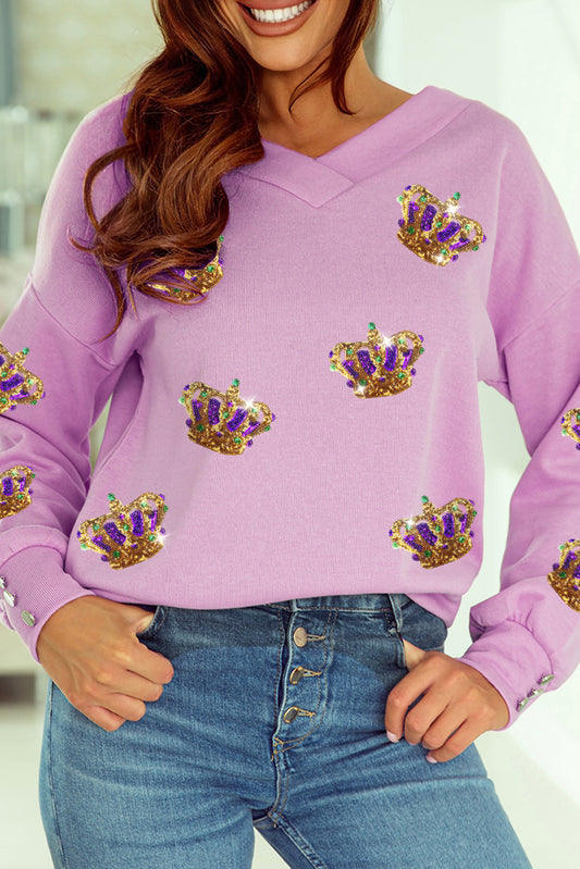 Purple Mardi Gras Sequin Crown V Neck Pullover