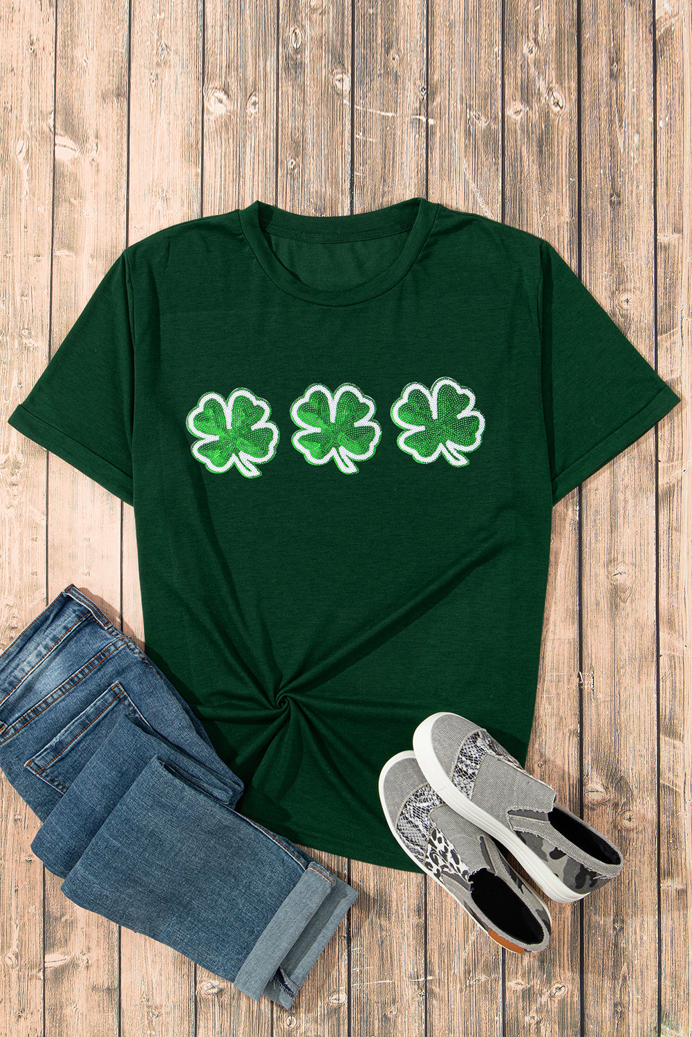 Green St Patrick Clover Patch Sequin Graphic T-shirt