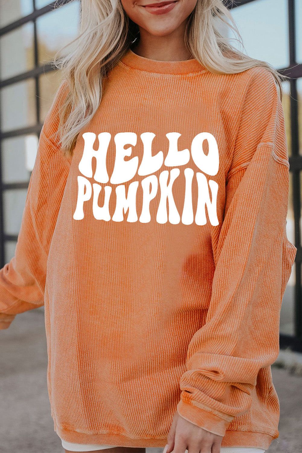 Orange HELLO PUMPKIN Letter Graphic Corded Sweatshirt