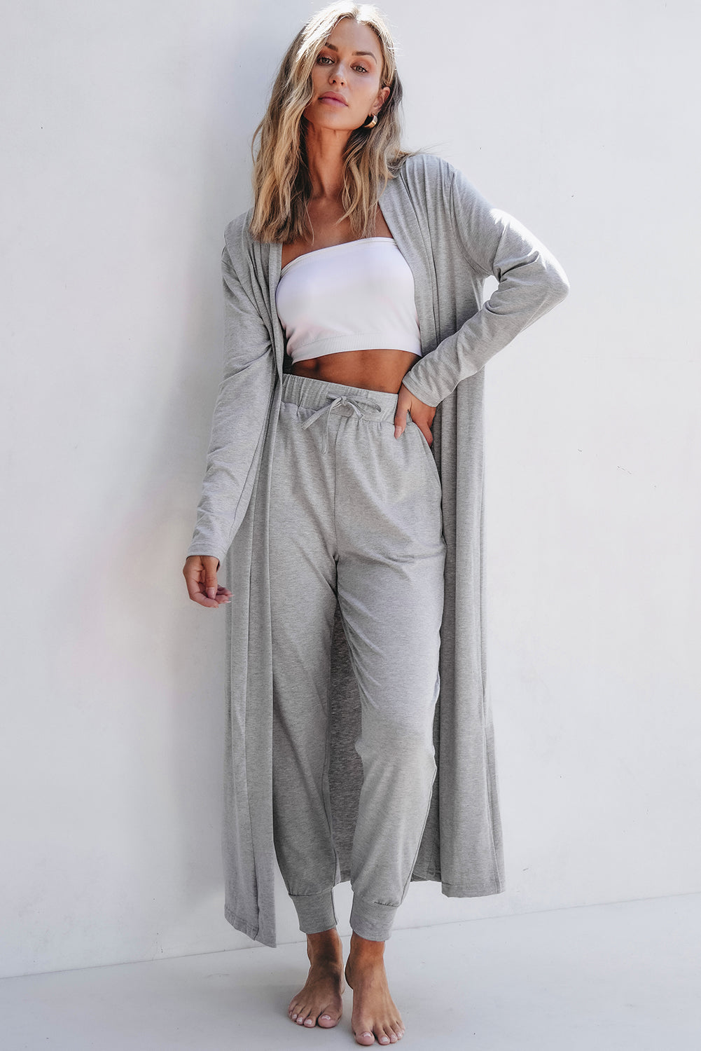 Light Grey Split Long Cardigan and Skinny Pants Lounge Set