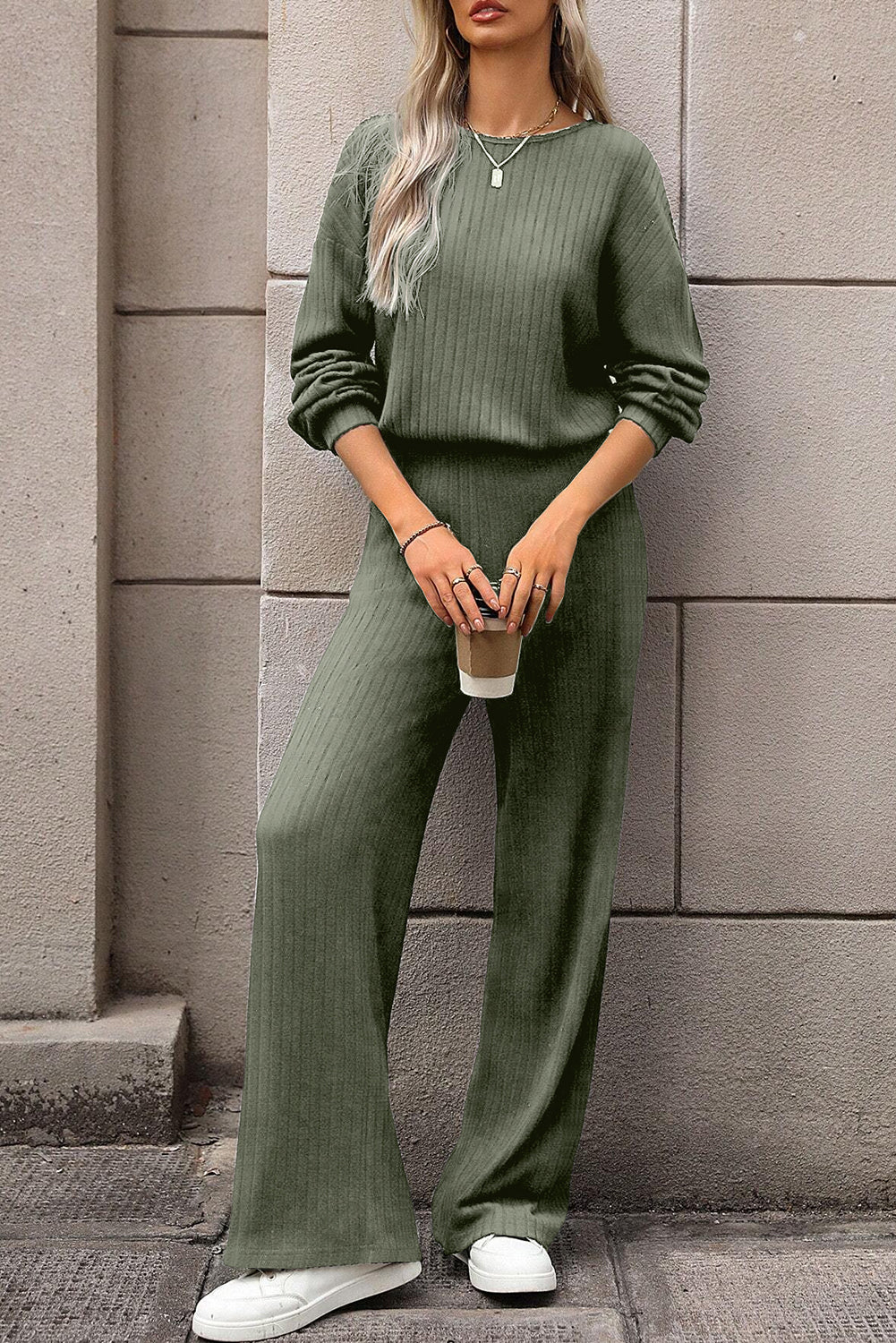 Laurel Green Solid Ribbed Knit Keyhole Back High Waist Jumpsuit