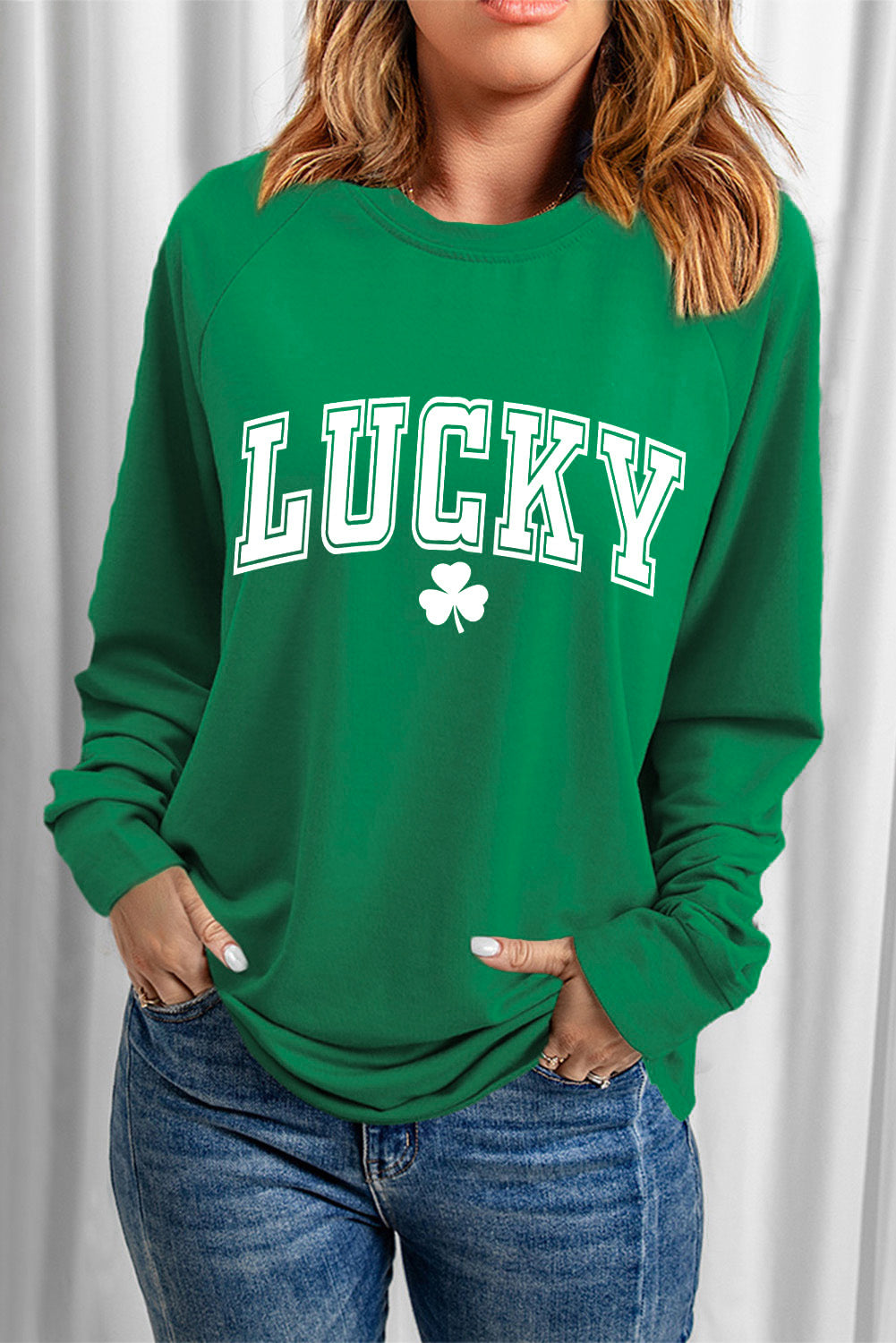 Green St. Patricks LUCKY Clover Print Raglan Sleeve Sweatshirt