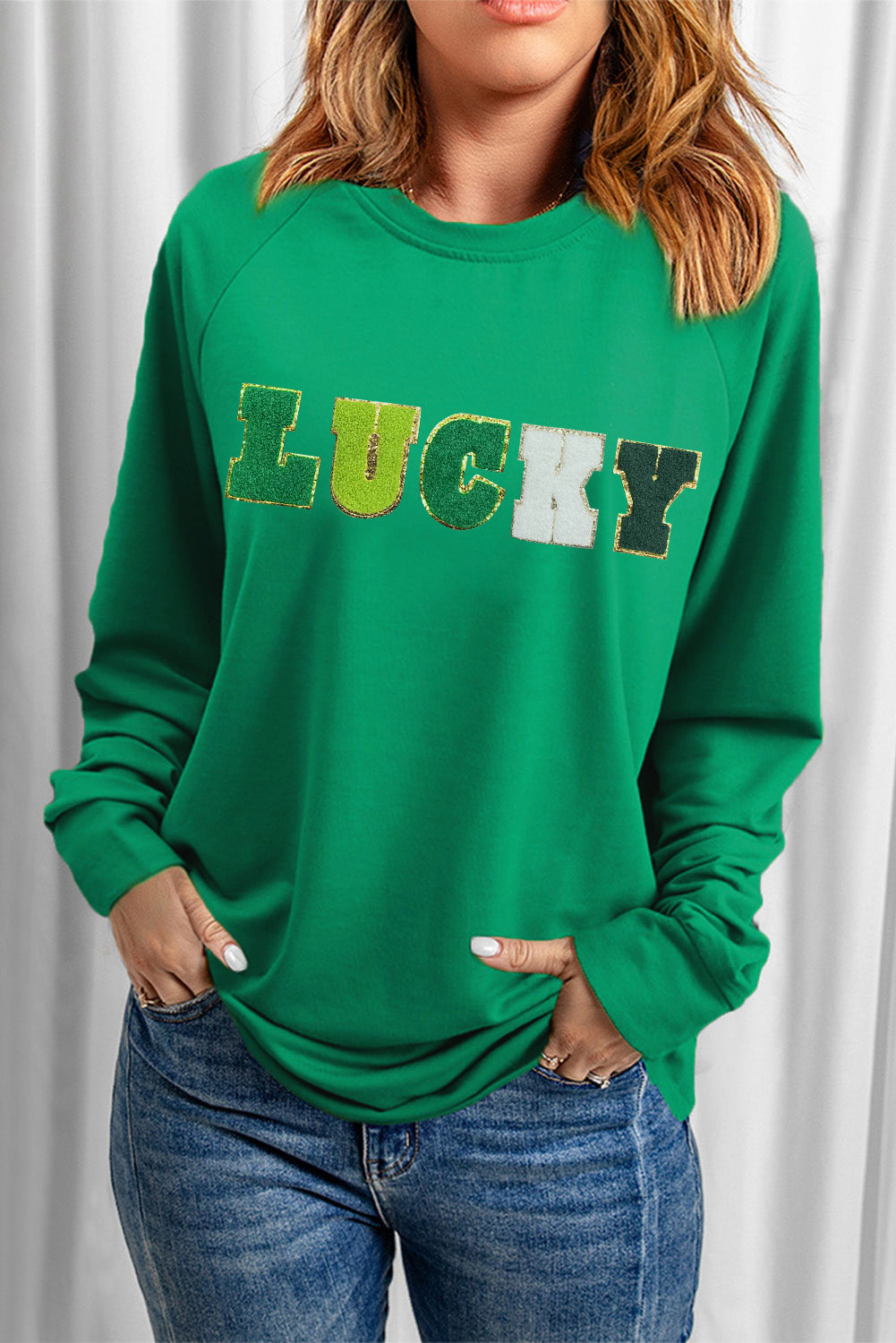 Green St Patricks LUCKY Chenille Embroidered Graphic Sweatshirt