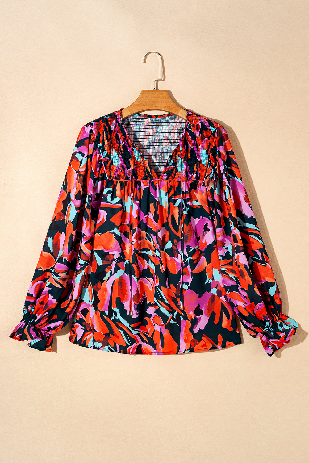 Red Dahlia Abstract Floral Shirred Detail Puff Sleeve Blouse