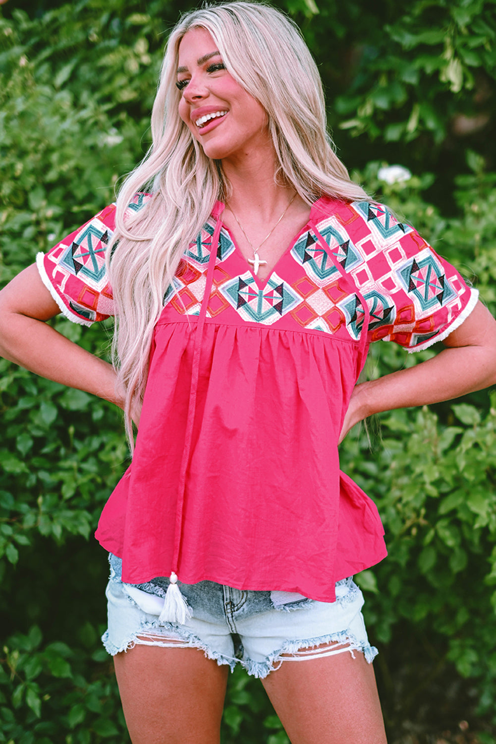 Strawberry Pink Geometric Embroidered Tassel Tie V Neck Blouse