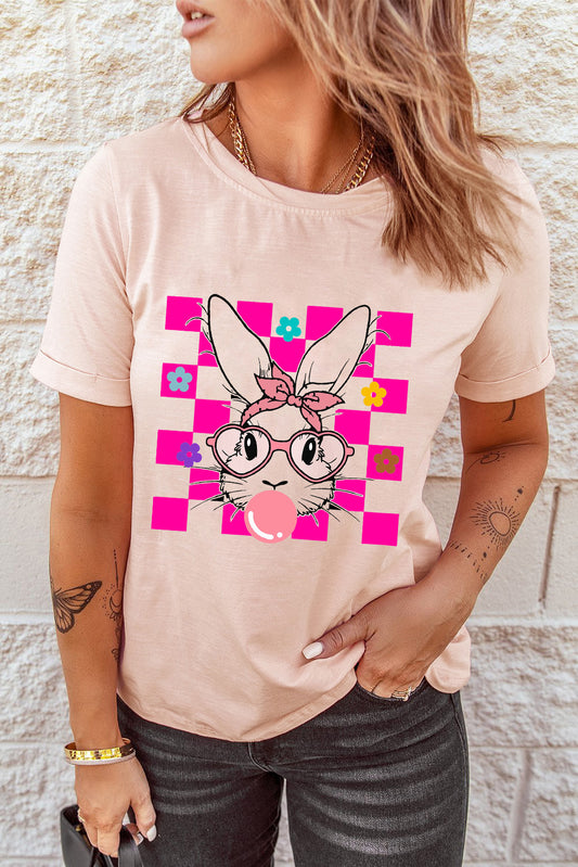 Pink Easter Rabbit Checkered Flower Print O-neck T Shirt