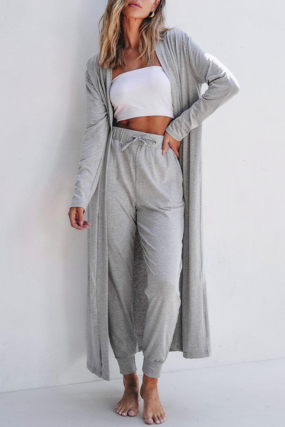 Light Grey Split Long Cardigan and Skinny Pants Lounge Set